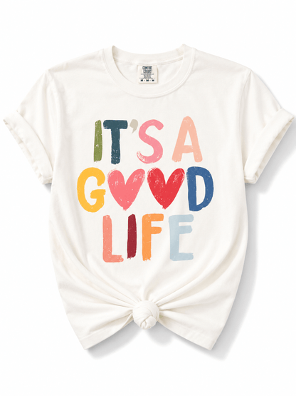 Plus/Reg Short Sleeve It's A Good Life Colorful Graphic Tee - Freckled Poppy