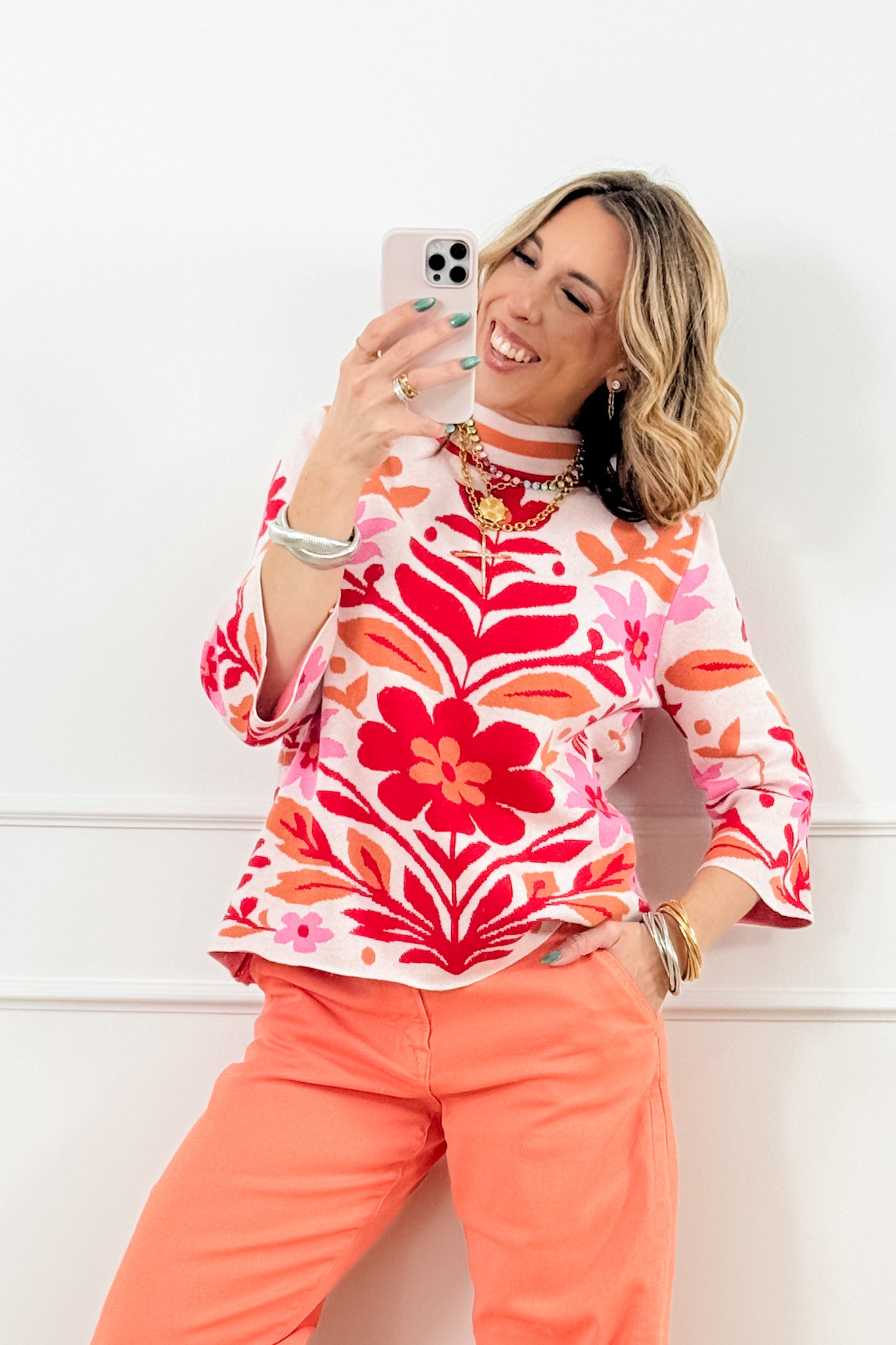 Flower Print 3/4 Sleeve Mock Neck Sweater