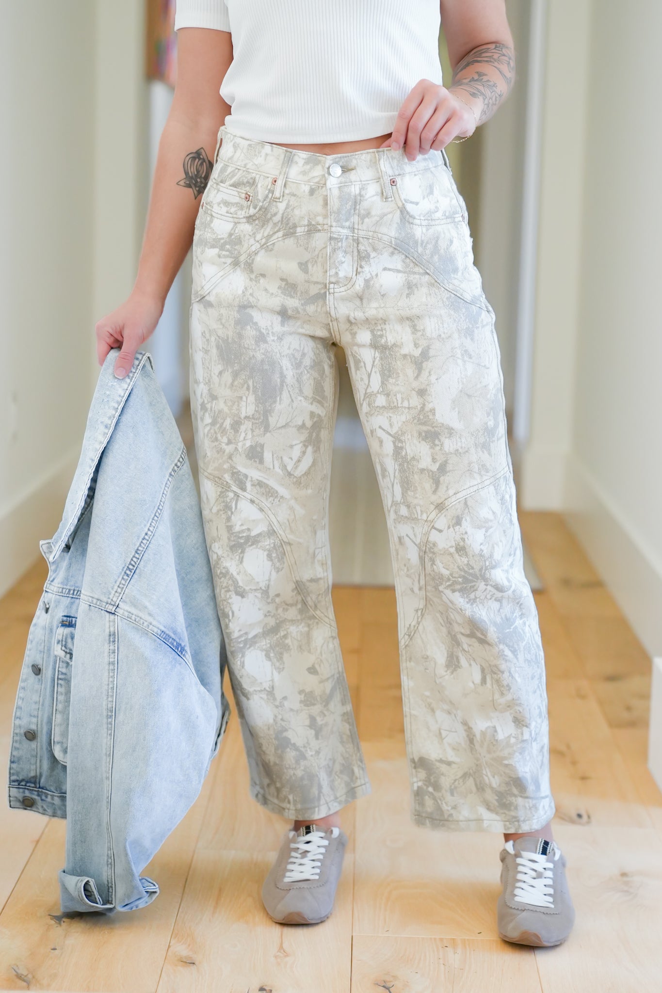 Saige High Rise Sand Tummy Control Barrel Camo Jeans