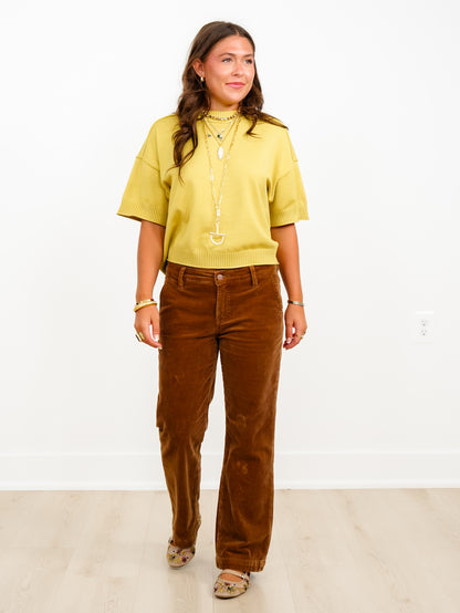 Risen Mid Rise Brown Tummy Control Straight Leg Corduroy Pants