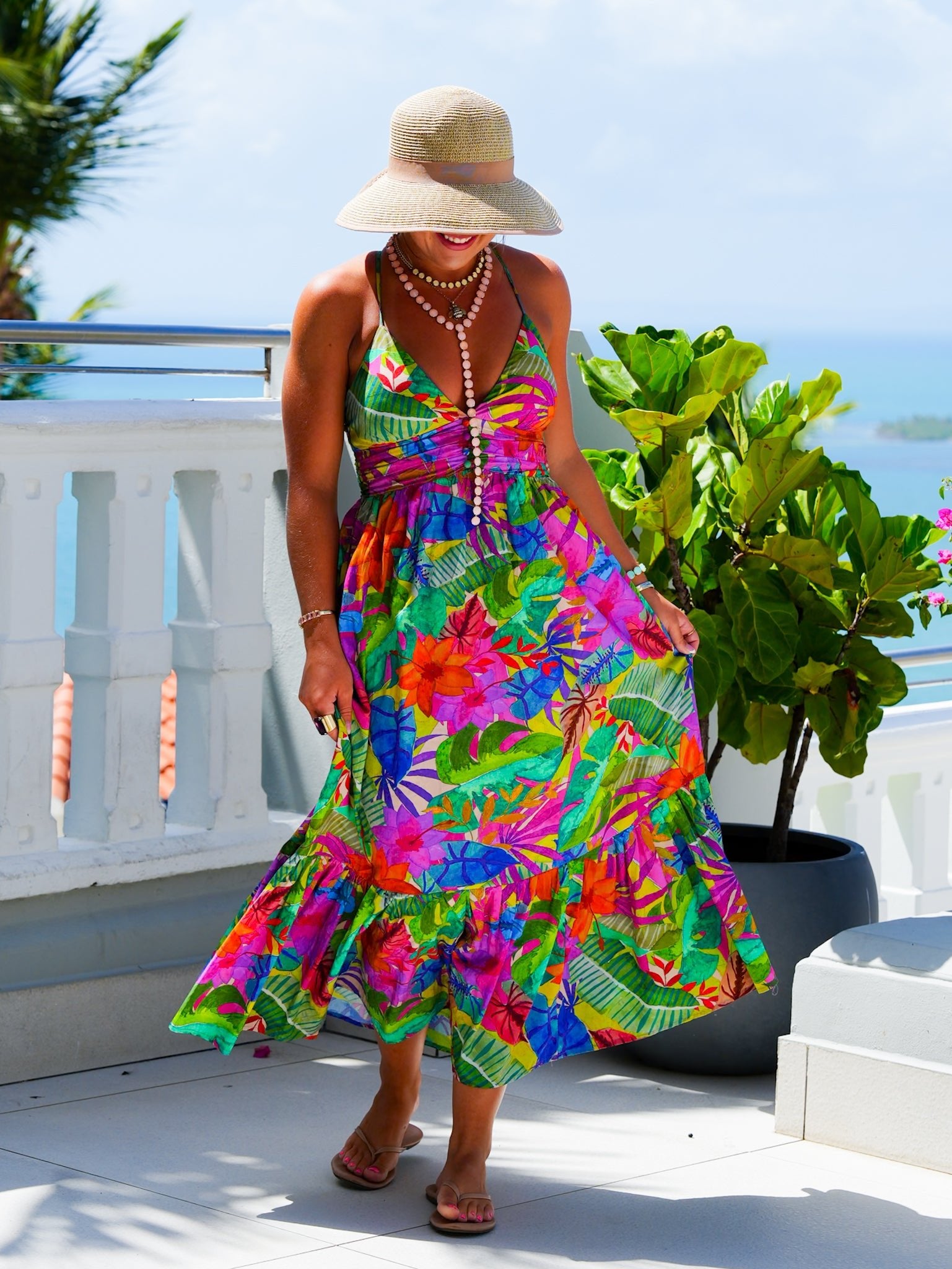 Tropical Print Sleeveless V Neck Maxi Dress L