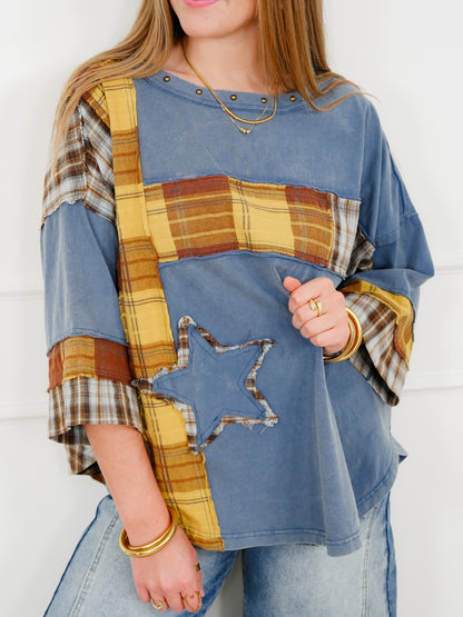 Plaid Mixed 3/4 Sleeve Top with Star Patch