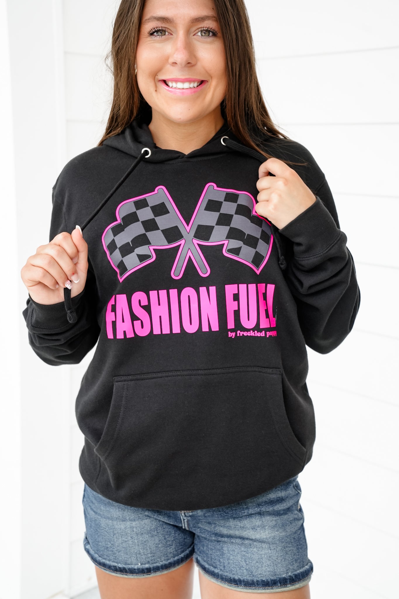 Plus/Reg Black Long Sleeve "Fashion Fuel By Freckled Poppy" Graphic Hoodie With Racing Flag