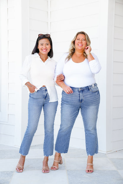 Judy Blue The Montauk Crop Mid-Rise Medium Wash Distressed Hem Kick Flare Jeans