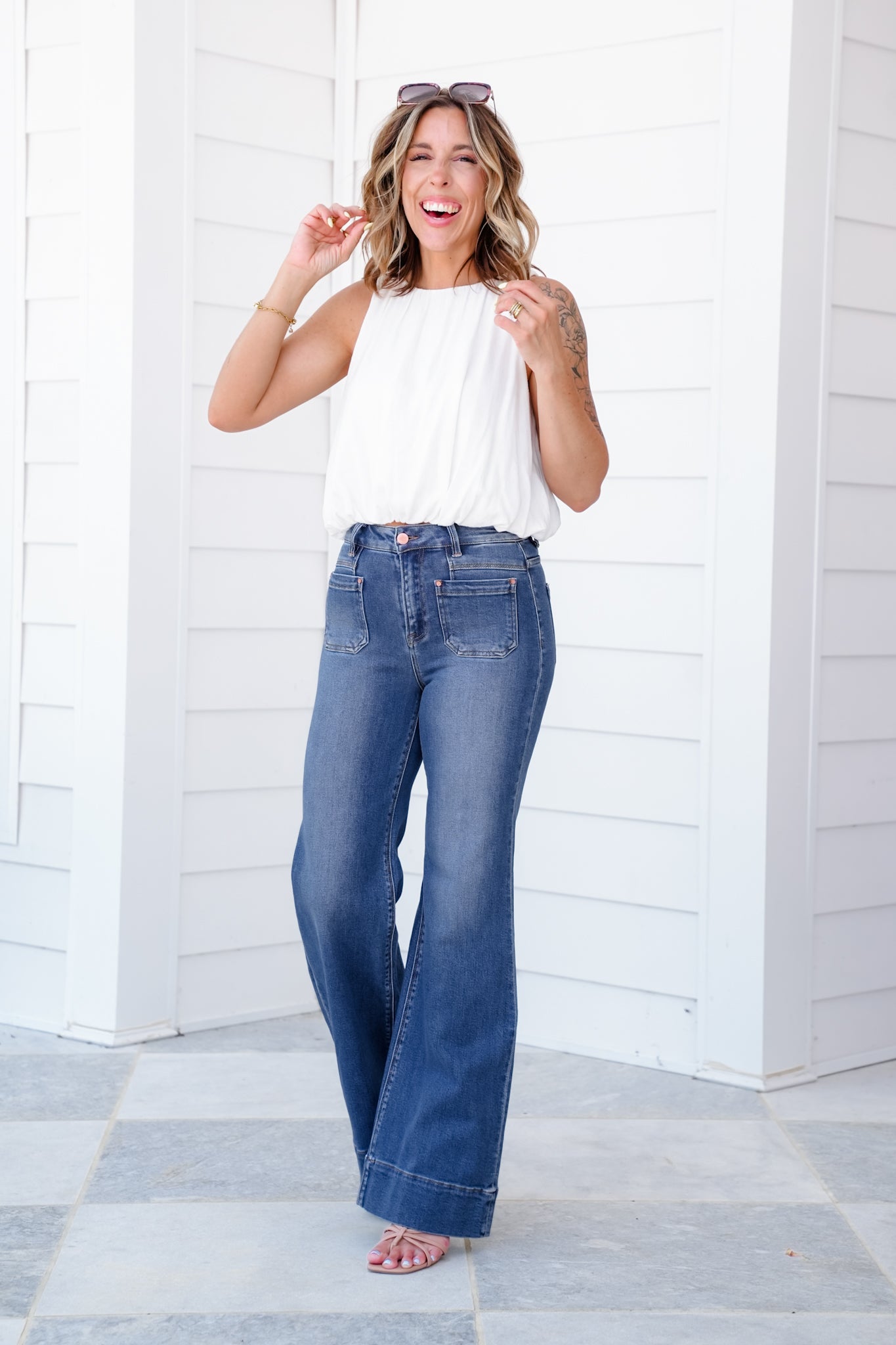 Risen High Rise Dark Wash Wide Leg Flare Jeans with Patch Pockets