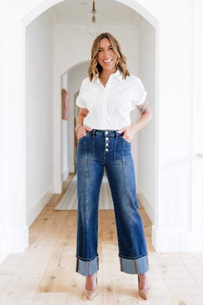 Risen Multi Inseam High Rise Dark Wash Cropped Wide Cuffed Straight Leg Jeans