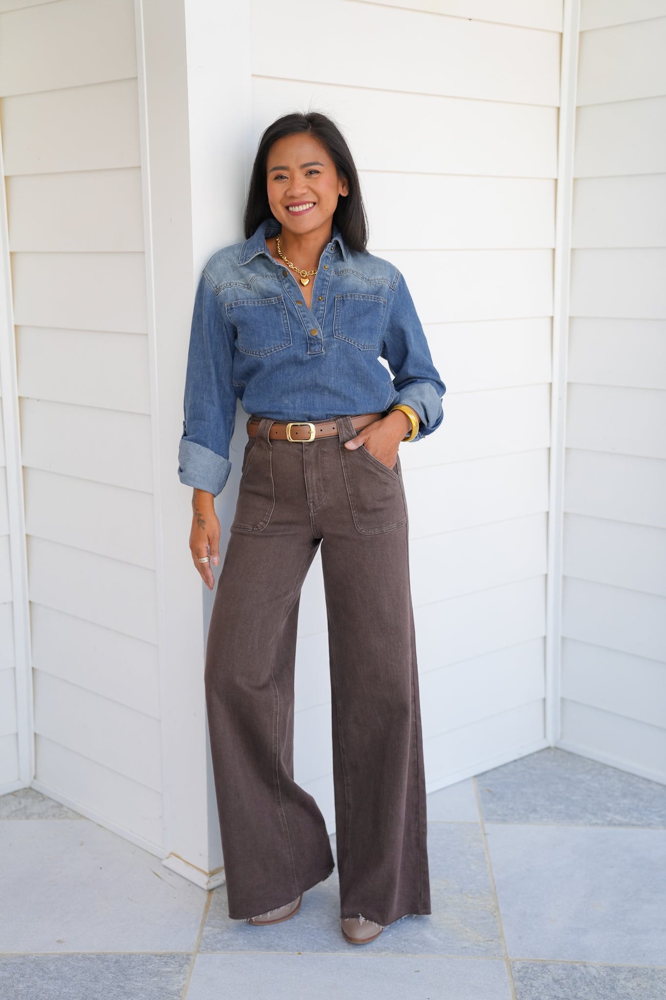 Judy Blue High Rise Brown Retro Wide Leg Jeans with Front Patch Pockets