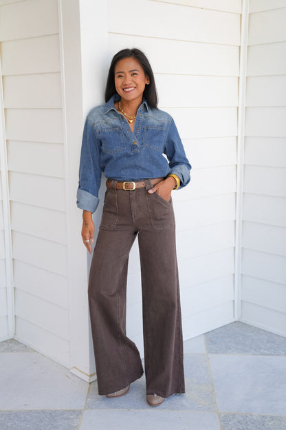 Judy Blue High Rise Brown Retro Wide Leg Jeans with Front Patch Pockets