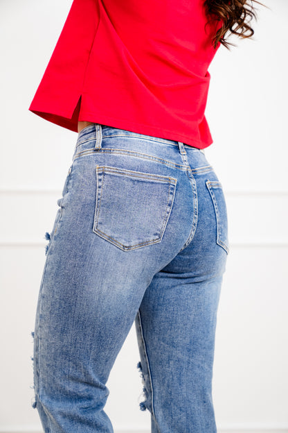 Saige Mid Rise Medium Wash Slim Boyfriend Jeans with Star Print