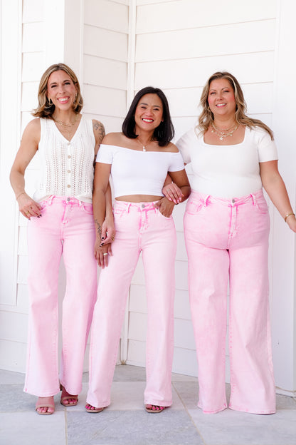 FP x Risen High Rise Acid Pink Tummy Control Wide Leg Jeans
