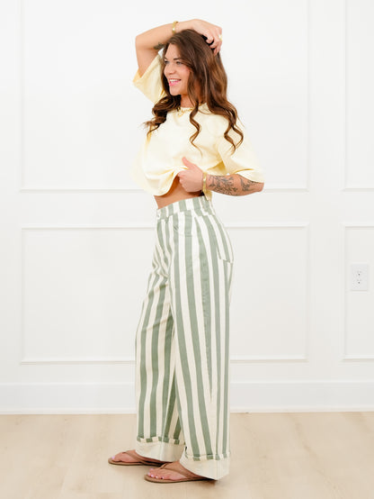 Stripe High Waist Cuffed Leg Barrel Pants
