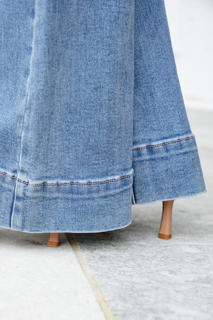 Risen High Rise Medium Wash Tummy Control Elastic Waistband Flare Jeans