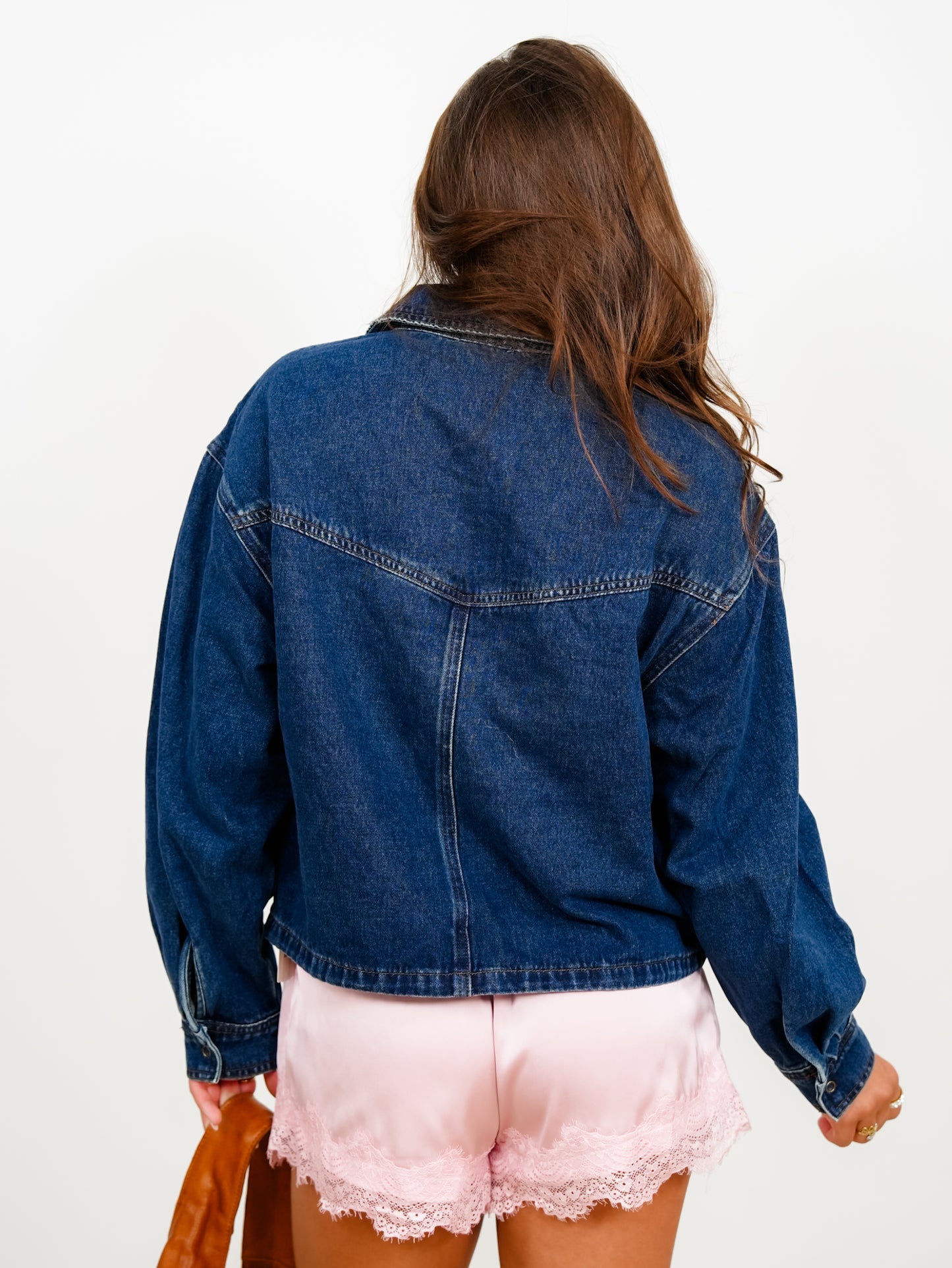 Dark Wash Long Sleeve Zip Up Utility Jacket