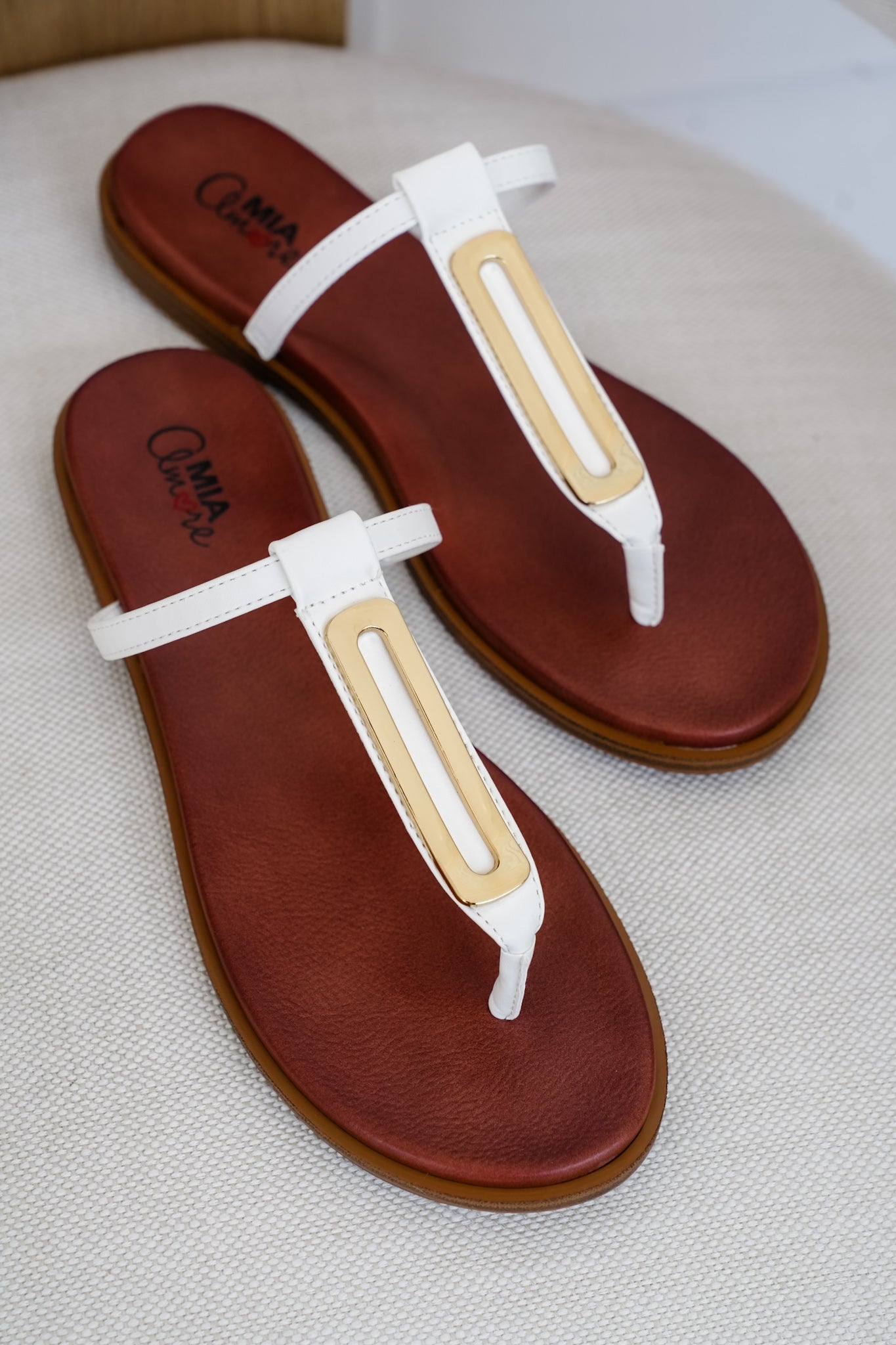 MIA T-Strap Flat Sandals with Gold Accent