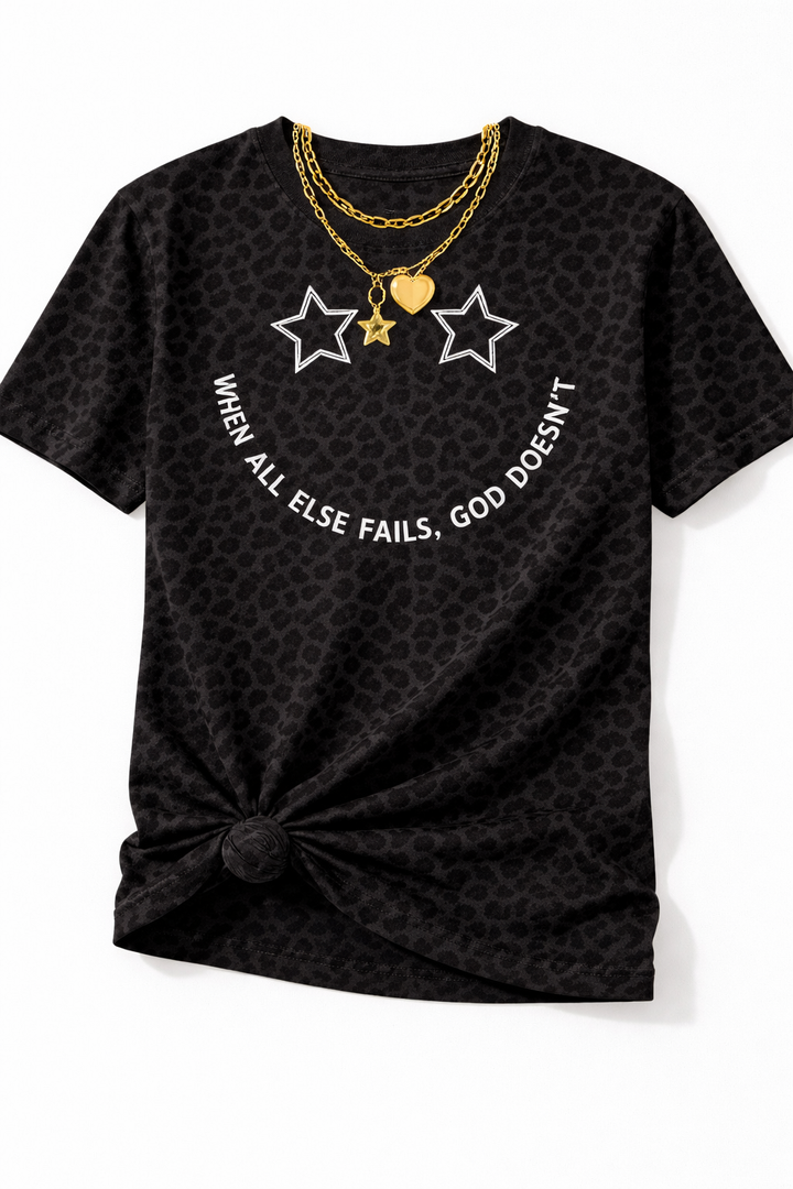 Plus/Reg Short Sleeve "When All Else Fails, God Doesn't" Leopard Print Graphic Tee