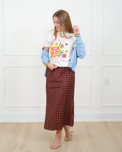 Satin Polka Dot Elastic Waist Midi Skirt