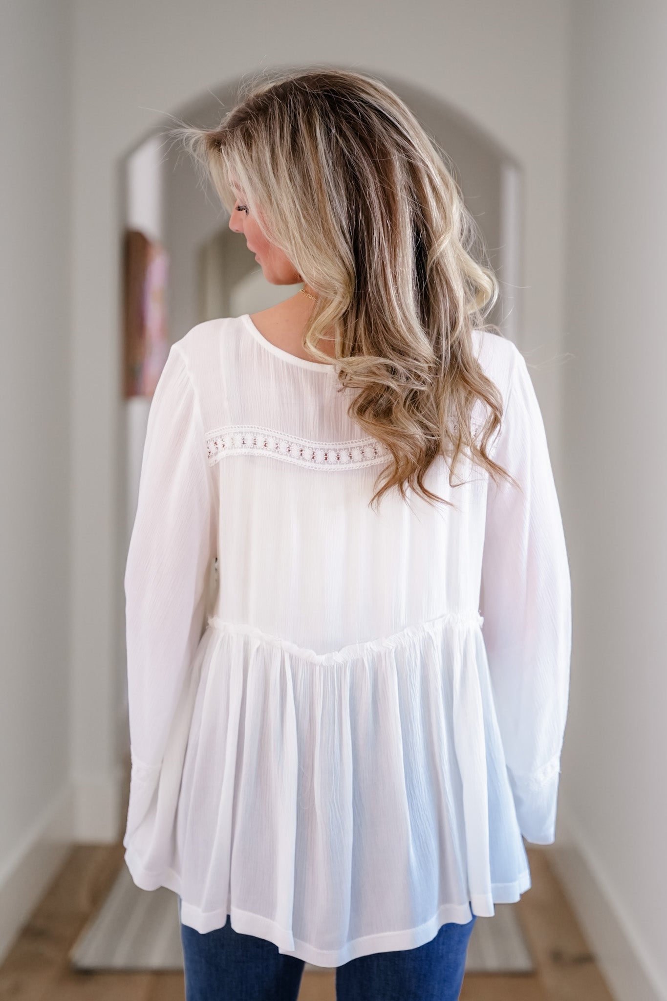 POL Solid Long Sleeve V Neck Ruffle Blouse