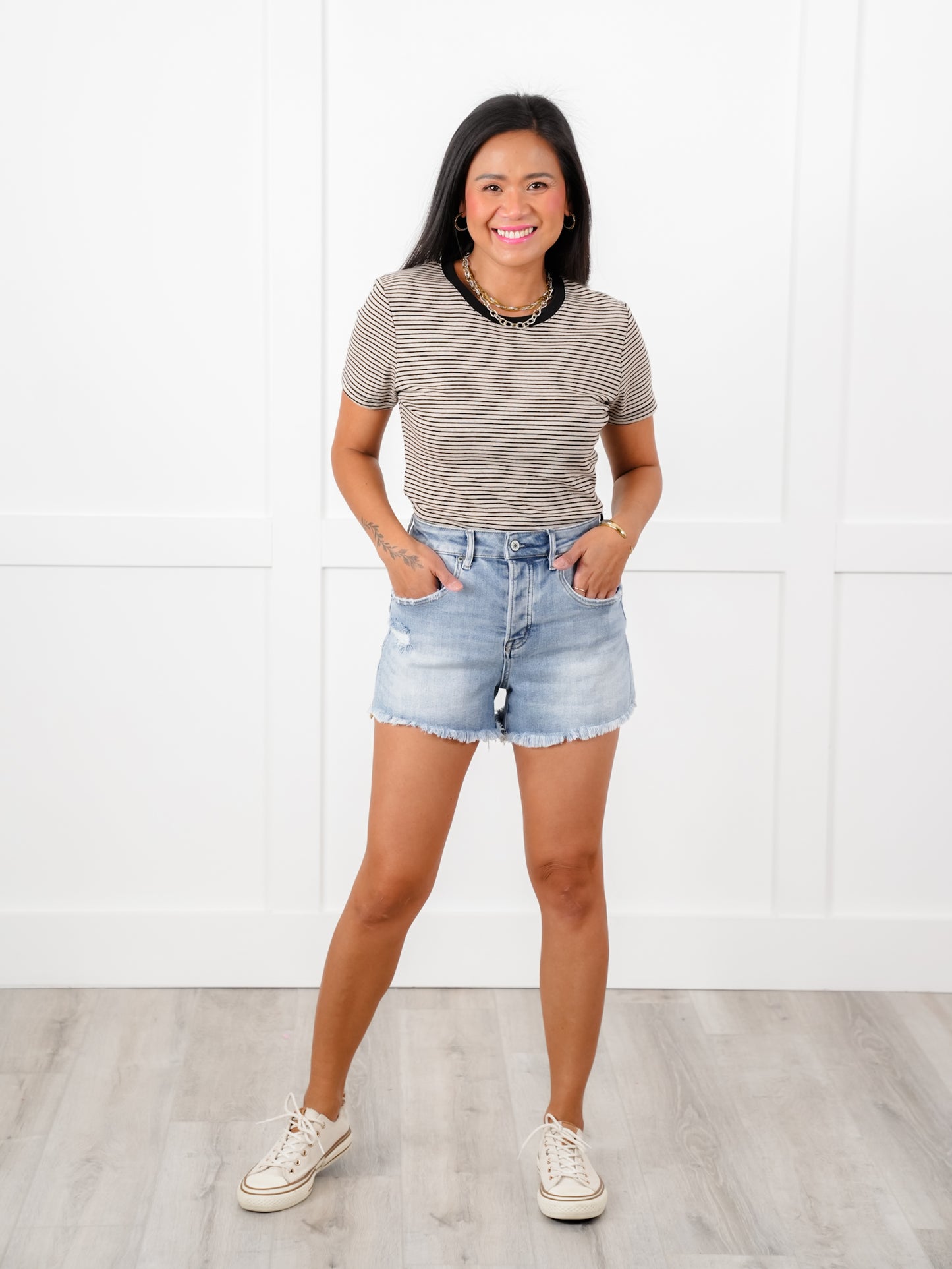 Mica Light Wash Distressed Button Fly Raw Hem Shorts