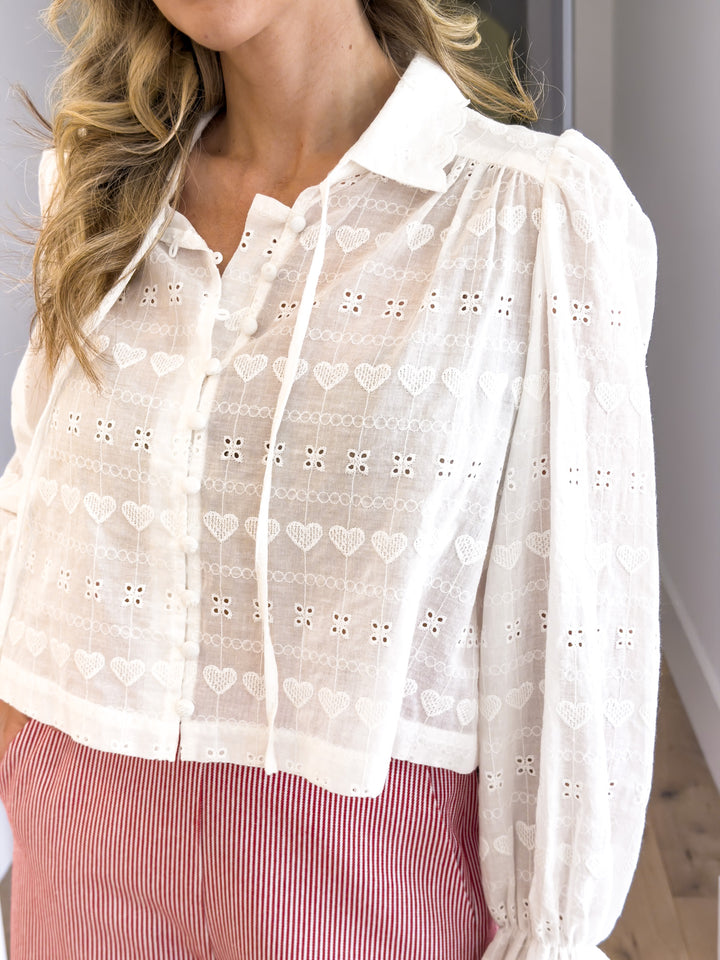 Eyelet Long Sleeve Button Down Top with Heart Pattern
