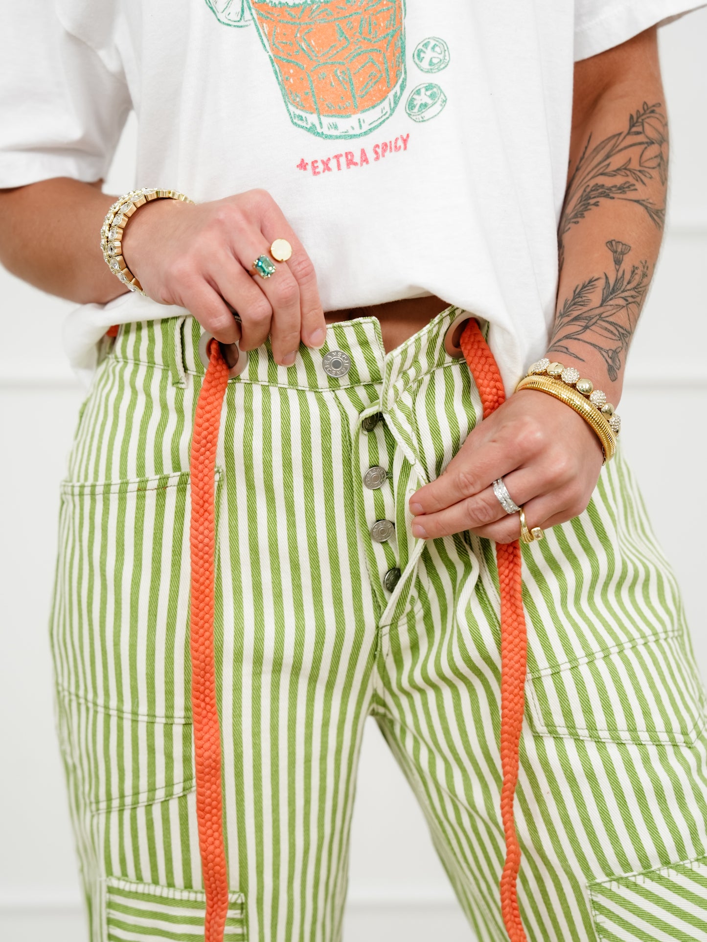 Stripe High Waist Barrel Pants with Patch Work