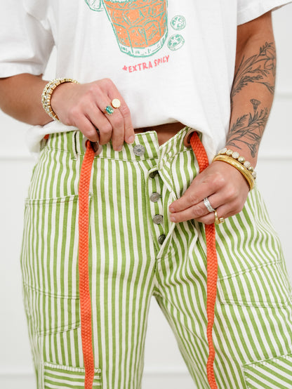 Stripe High Waist Barrel Pants with Patch Work