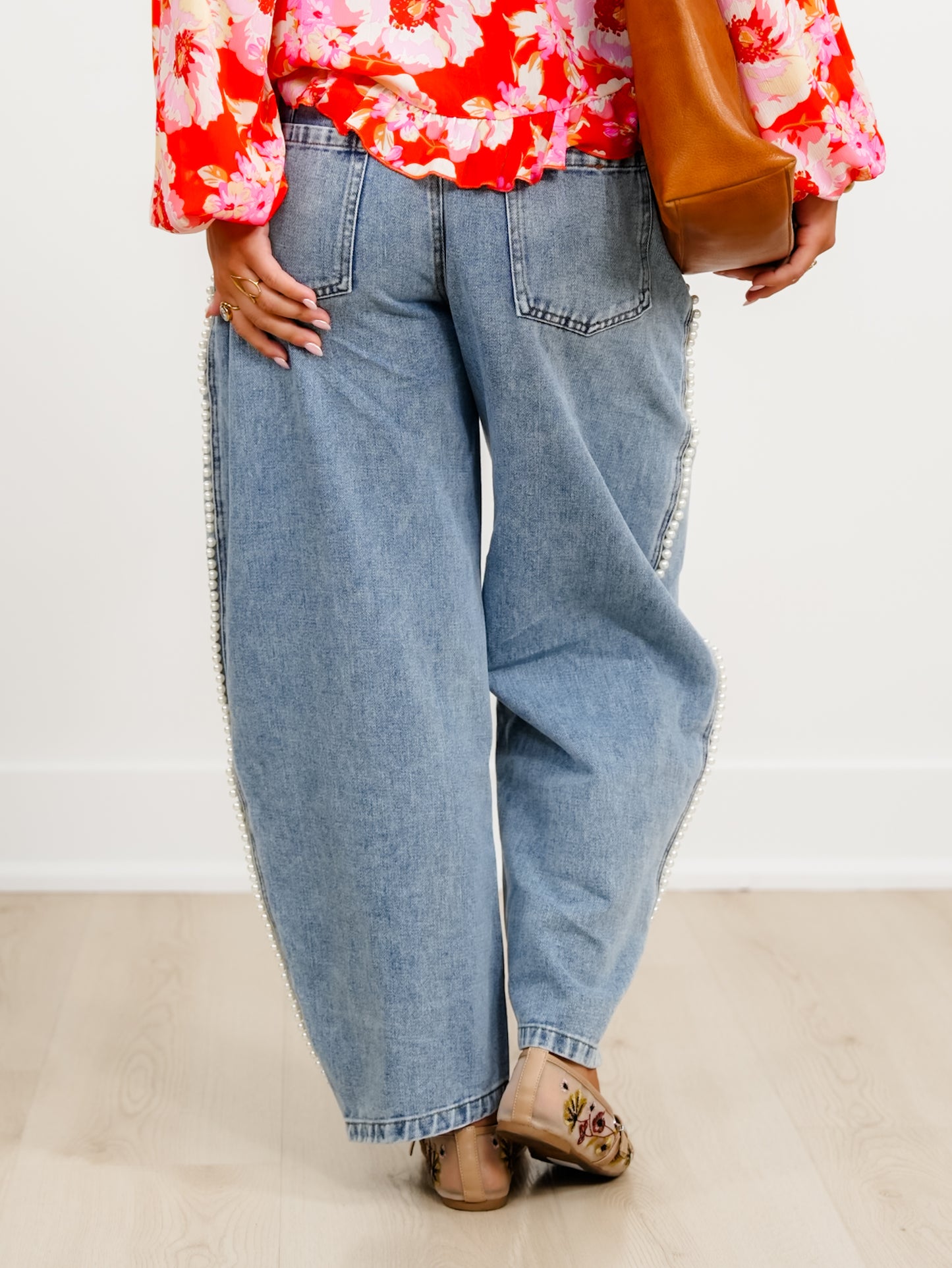 Light Wash High Waist Barrel Jeans with Pearl Detail