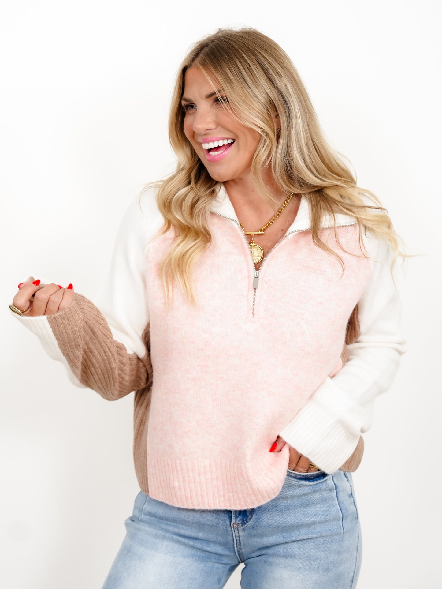 Half Zip Up Mock Neck Long Sleeve Ribbed Sweater