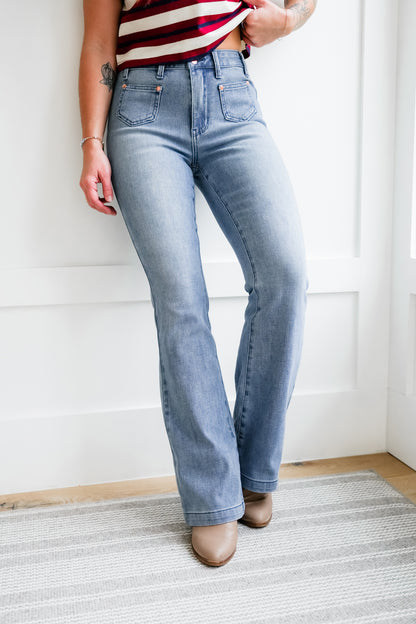 Judy Blue Mid Rise Medium Wash Bootcut Jeans with Front Patch Pockets