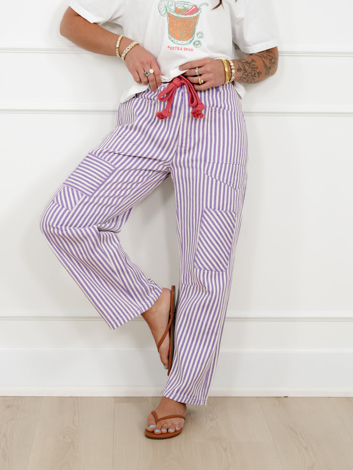 Stripe High Waist Barrel Pants with Patch Work