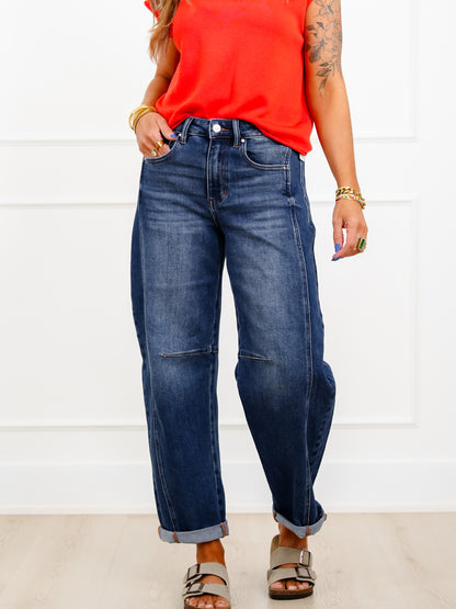 Restock! Risen High Rise Dark Wash Boyfriend Cuffed Barrel Jeans