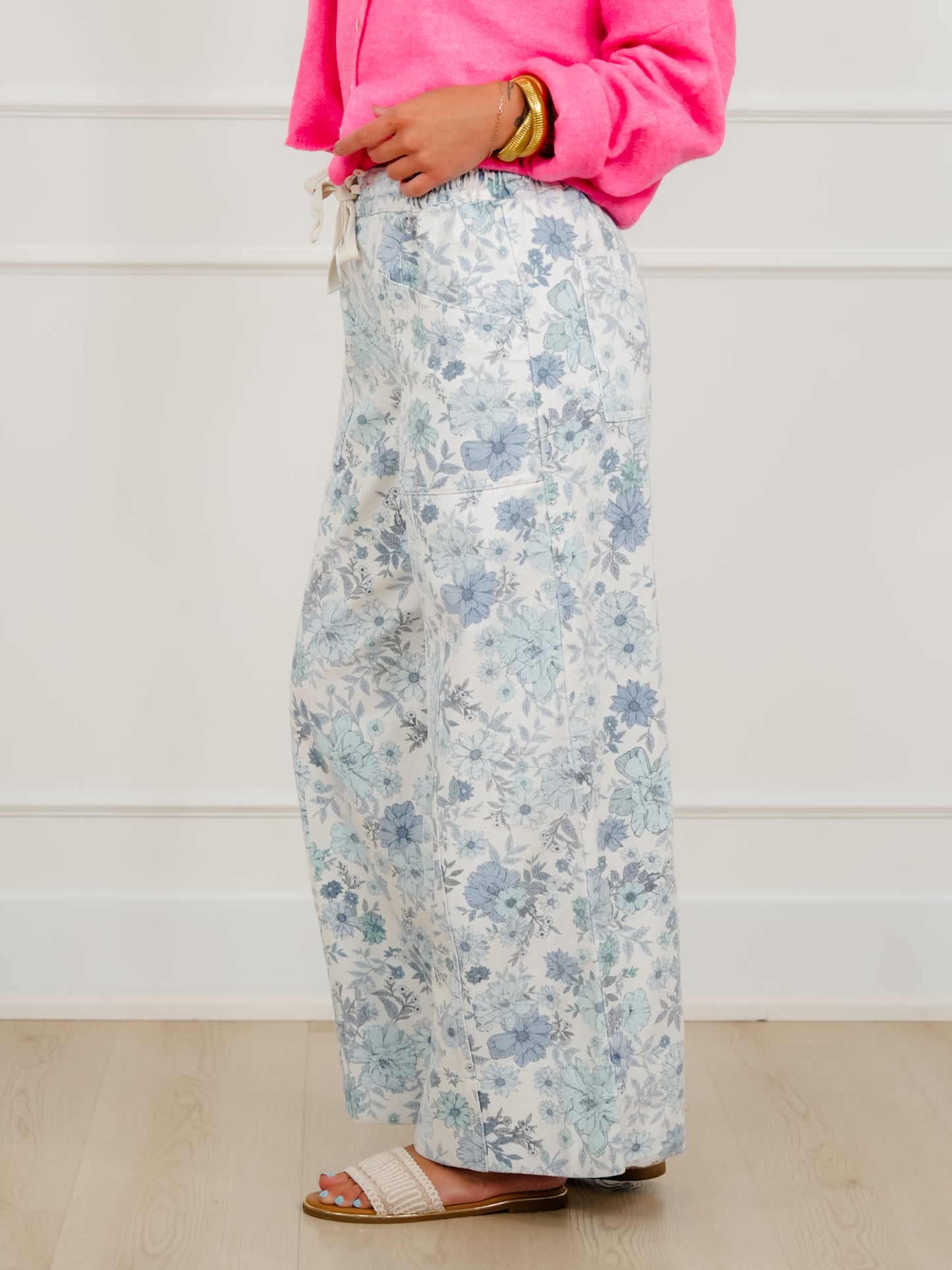 Blue Floral Print Elastic Waist Twill Wide Leg Pants