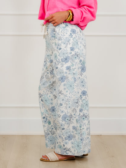 Blue Floral Print Elastic Waist Twill Wide Leg Pants