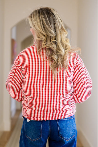 Gingham Print Puffer Jacket with Heart Quilting
