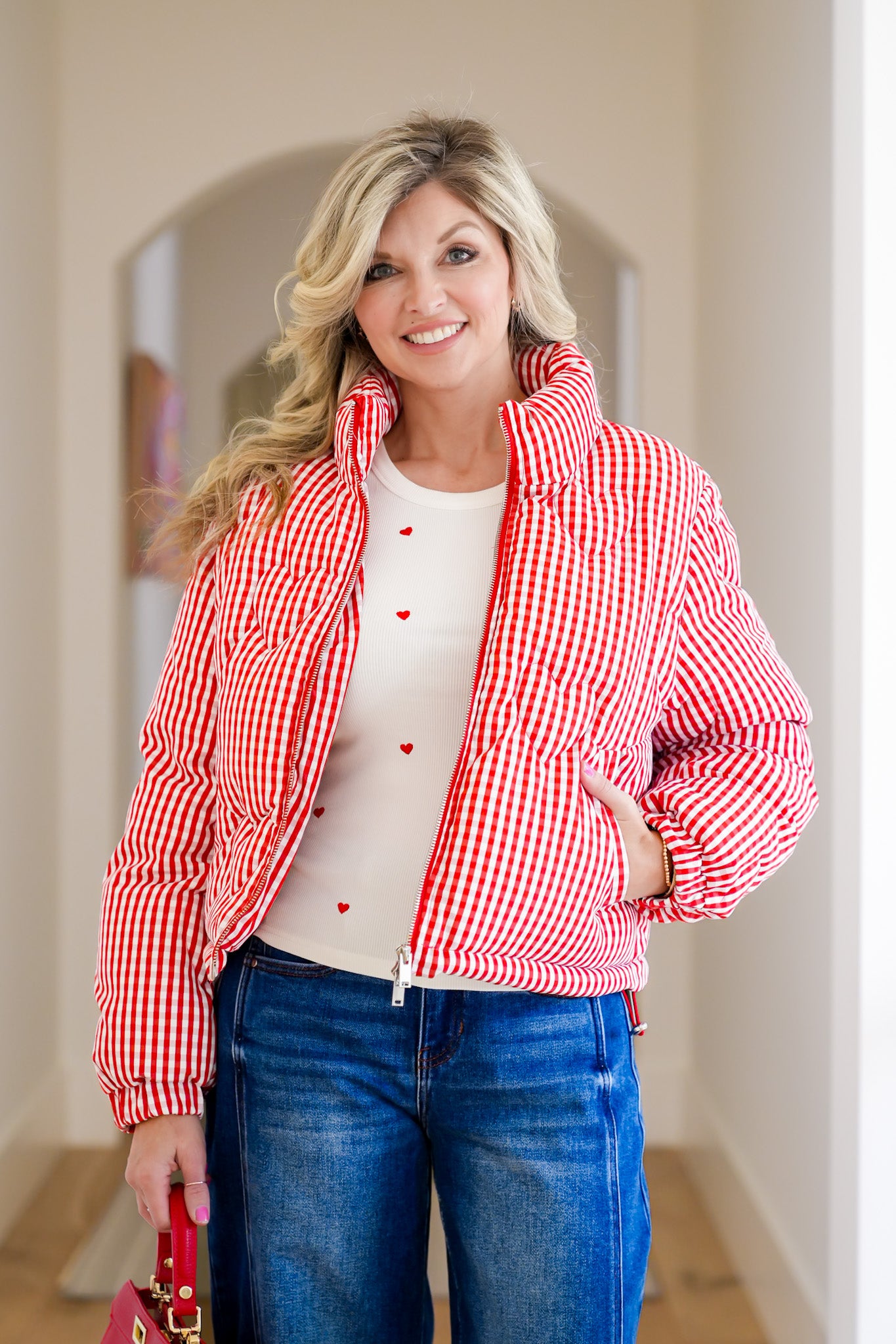 Gingham Print Puffer Jacket with Heart Quilting