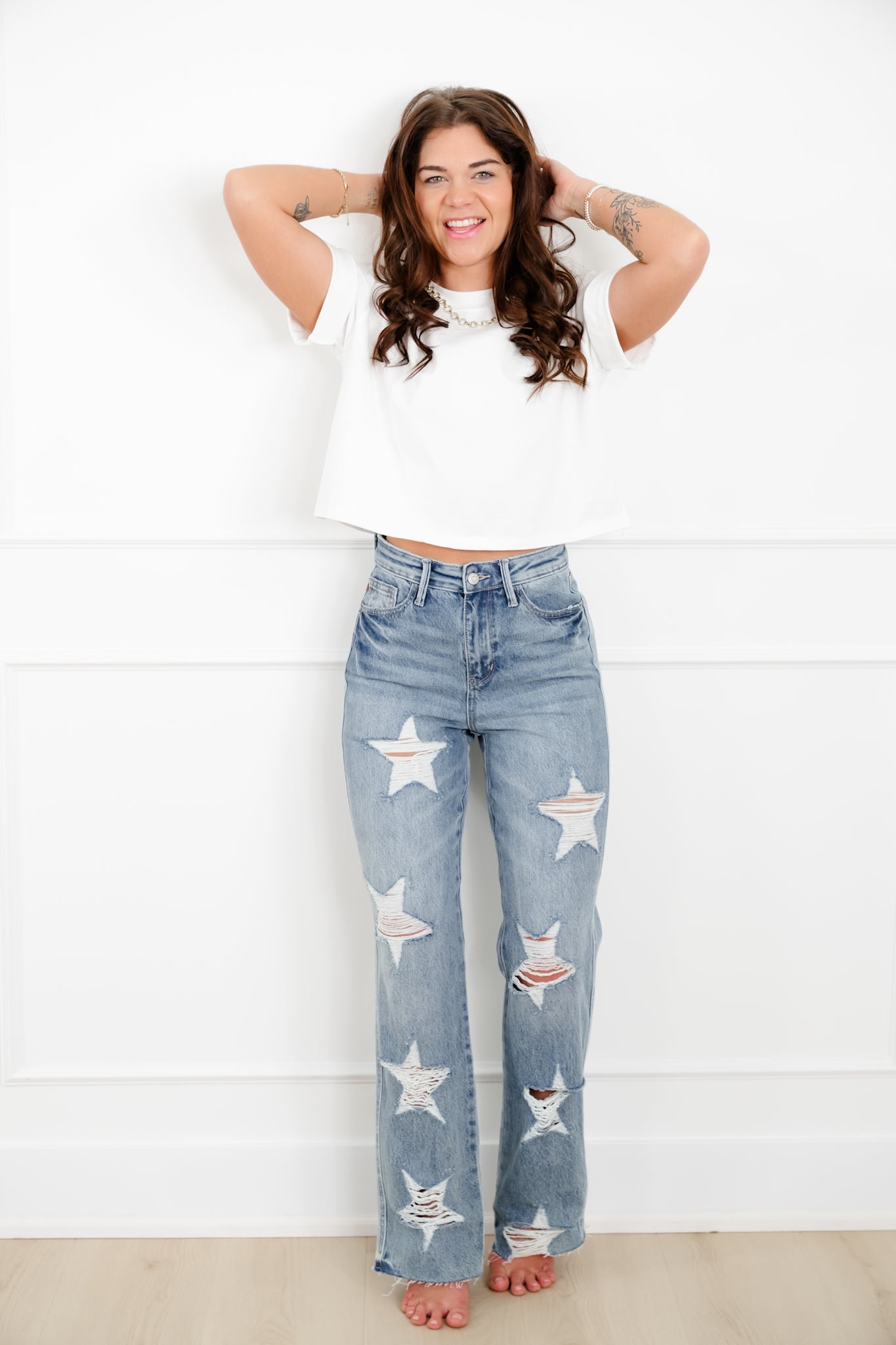 Judy Blue High Rise Medium Wash Star Shaped Distressing 90's Straight Leg Jeans