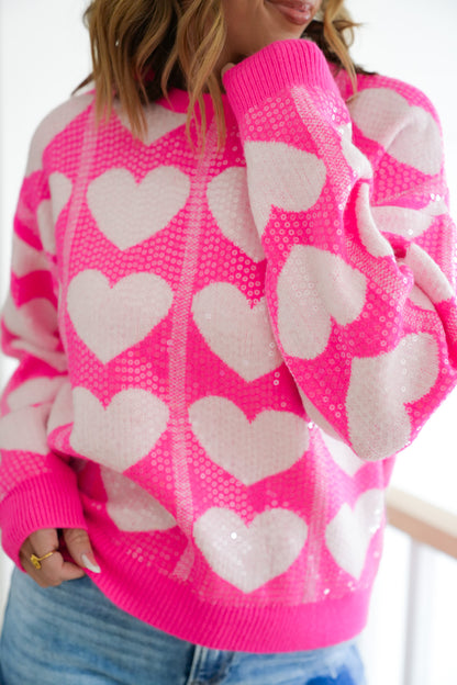 Heart Pattern Long Sleeve Pullover Sweater with Clear Sequins
