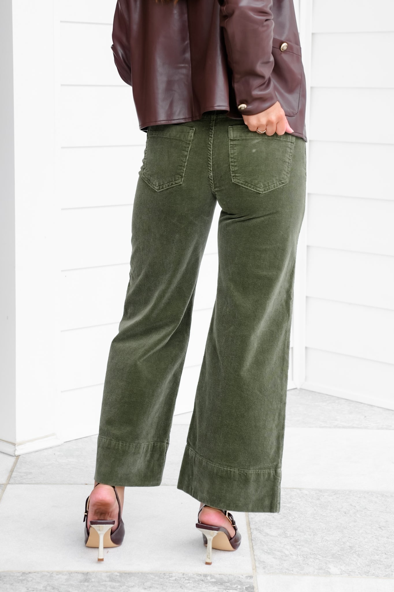 Risen High Rise Green Wide Leg Corduroy Pants with Patch Pockets