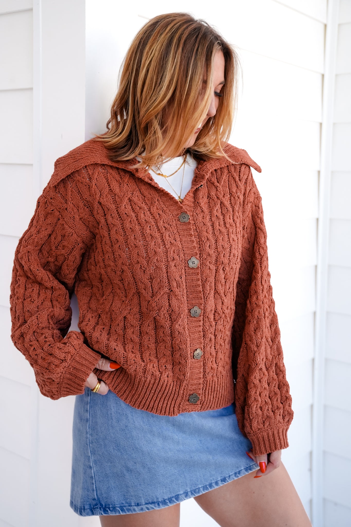 POL Knit Long Sleeve Button Up Sweater Top