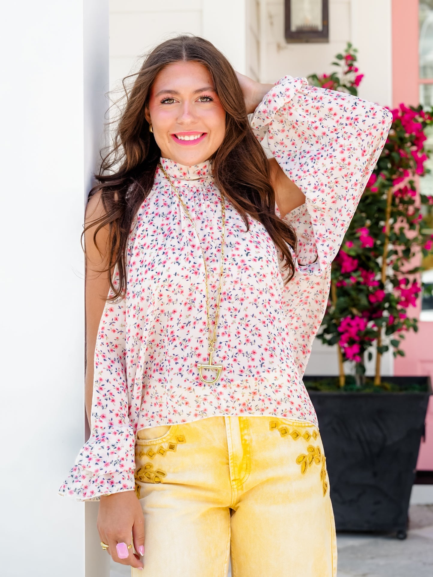 Floral Print Long Open Sleeve High Neck Top