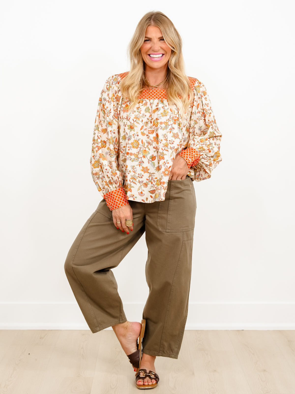 Plus/Reg Yoke Contrast Square Neck Floral Print Blouse