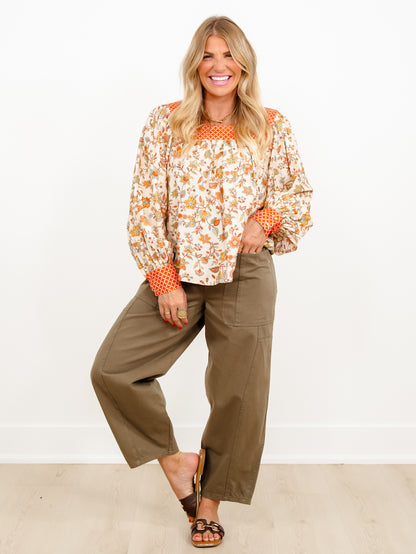 Plus/Reg Yoke Contrast Square Neck Floral Print Blouse