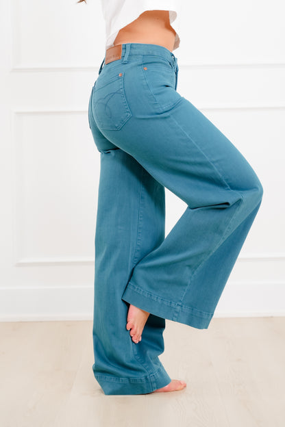Judy Blue Mid Rise Teal Utility Pocket Wide Leg Jeans