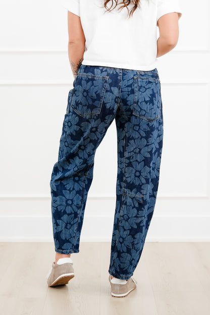 Risen Mid Rise Dark Wash Floral Relaxed Barrel Jeans