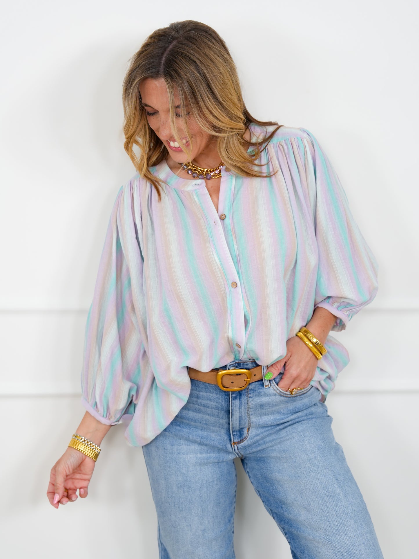 Striped Long Sleeve Button Up Blouse