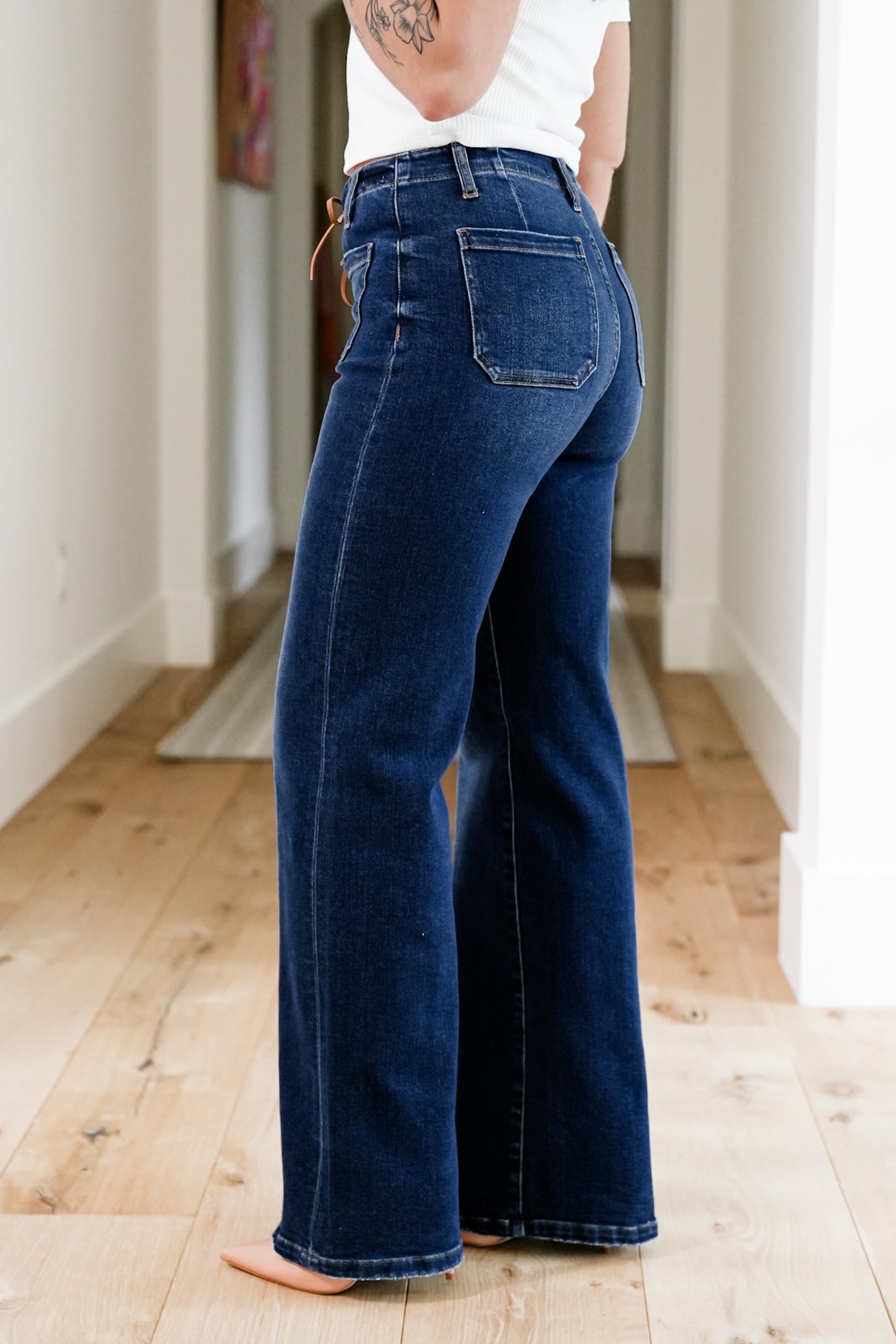 Risen High Rise Dark Wash Wide Leg Jeans with Front Tie