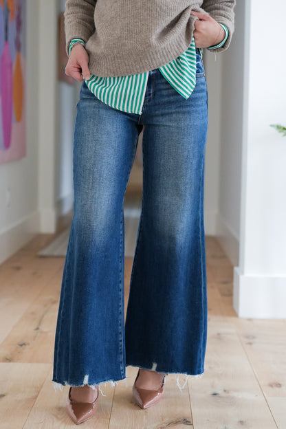 Risen High Rise Dark Wash Wide Leg Jeans