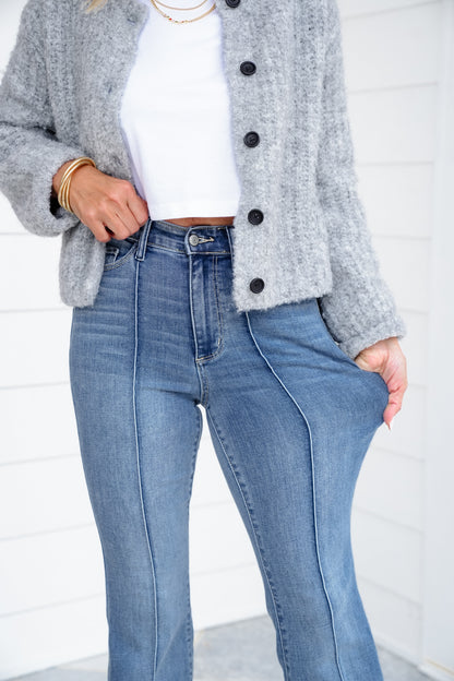 Judy Blue High Rise Medium Wash Flare Jeans with Frayed Hem and Pintuck Front Seam