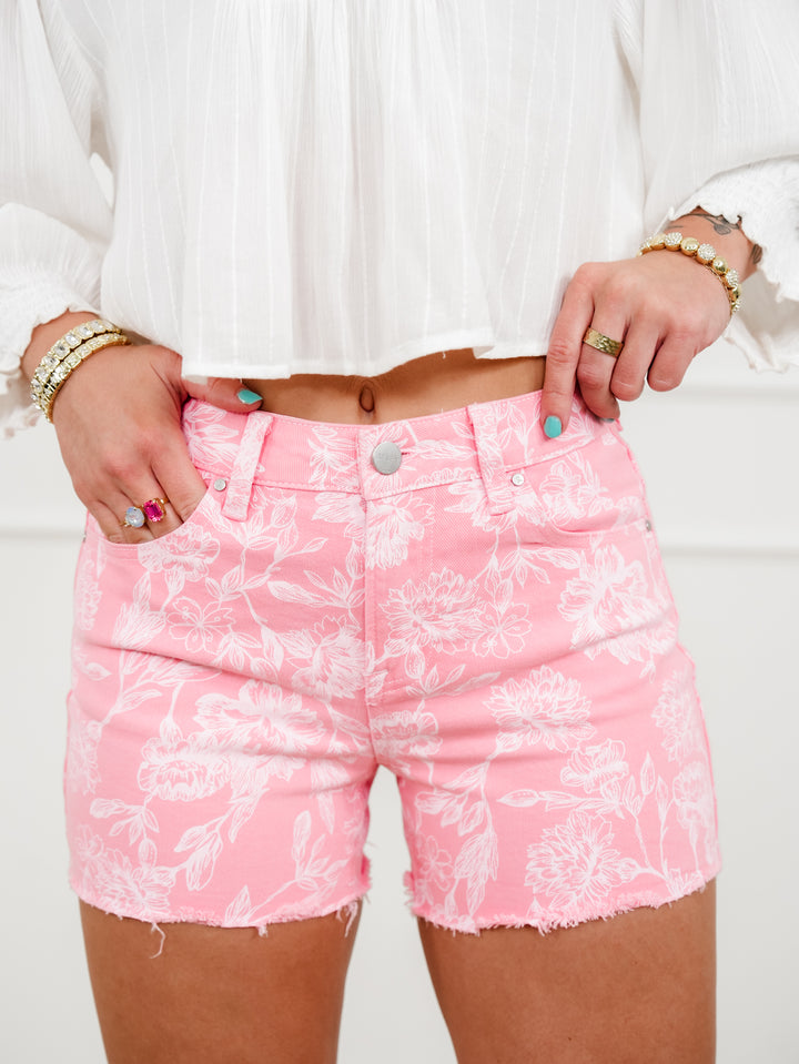 Risen Pink Floral Cut Off Shorts