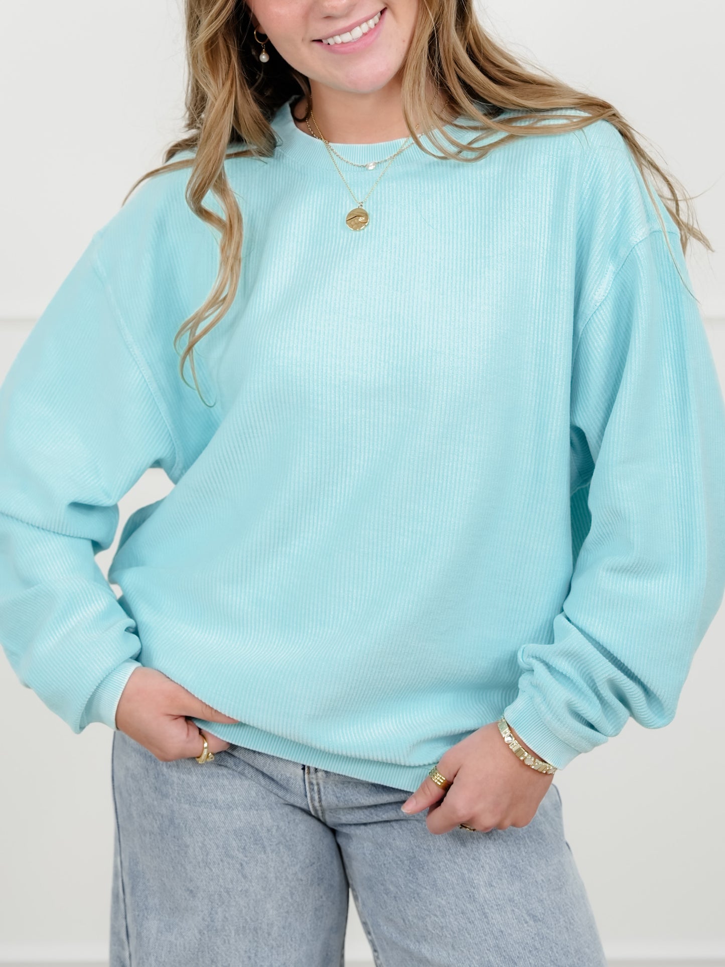Plus/Reg Solid Color Corded Long Sleeve Pullover Top