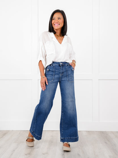Risen High Rise Dark Wash Ankle Wide Leg Patch Front Pocket Jeans